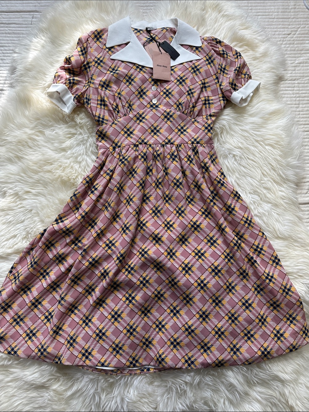 Miu Miu Prada Pink Plaid Dress with White Collar and Cuffs NFC